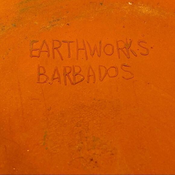 Earthworks Barbados WestIndies Red Clay Pottery Blue Multi Swirl Bowl & Plate - Picture 16 of 16